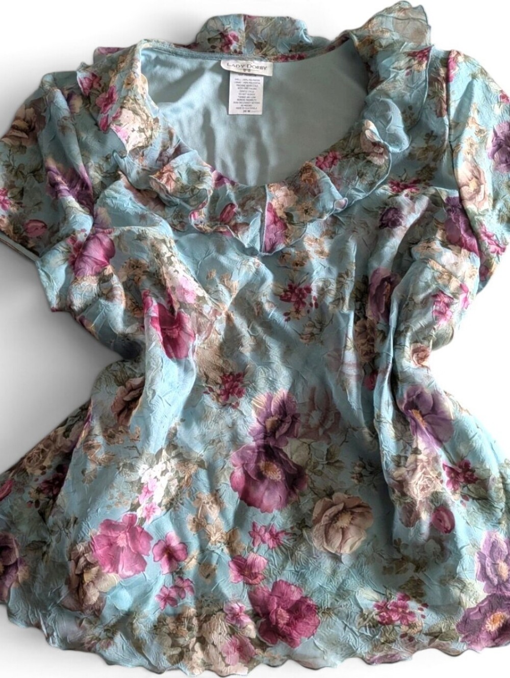 VTG Y2K Lady Dorby Blue Floral Crinkle Mesh Ruffle Cowl Blouse Top 20W
